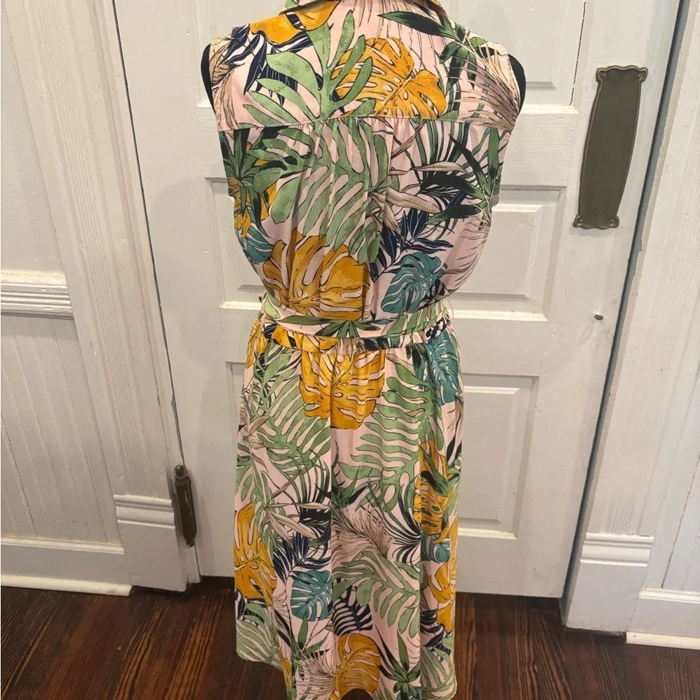 ECI New York Sleeveless Collared Button Down Tie Waist Midi Palm Dress Sz 6 - Picture 2 of 6